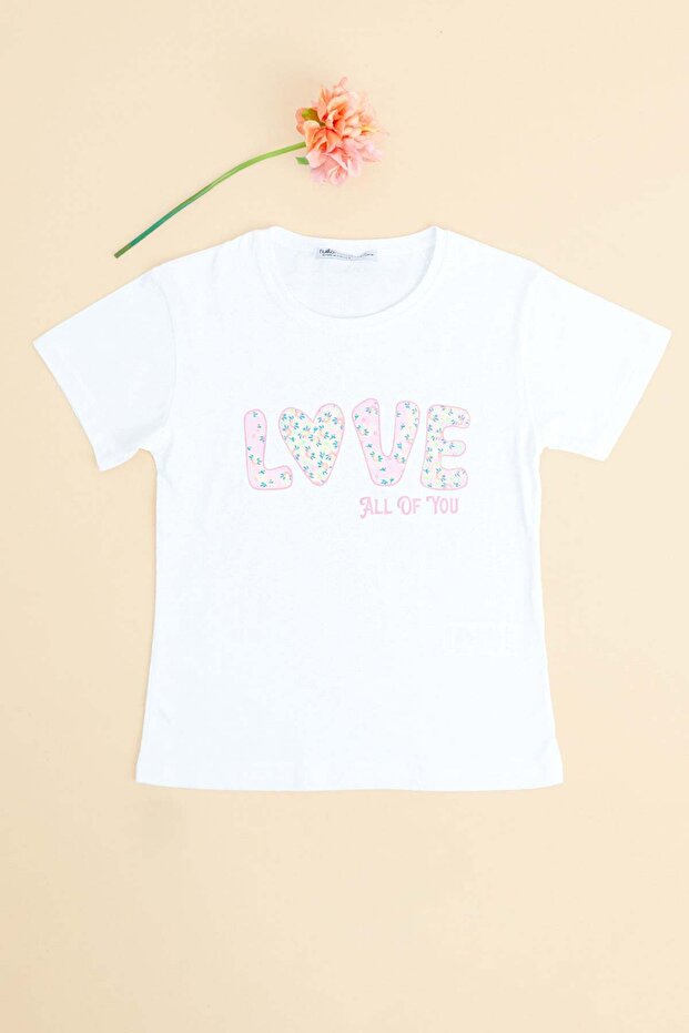 Floral Love Text Printed Girl's T-Shirt