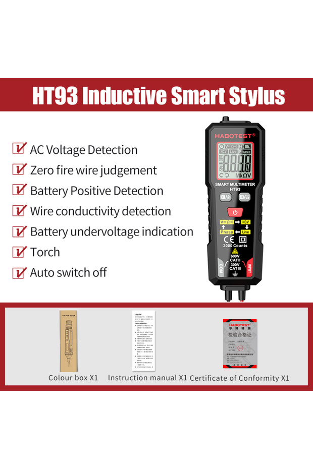 HT93 HABOTEST DC Voltage Tester Detector Multimeter 2000 Display Non-Contact Electric Pen Dual Range