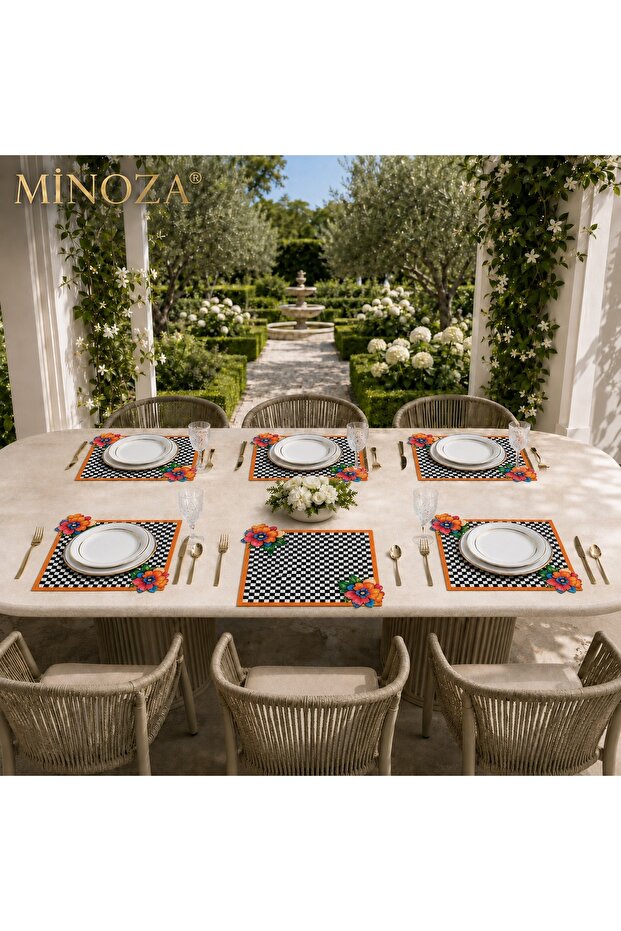 Black and White Checkered Patterned Orange Floral Stain-Resistant Digital Printed American Placemat/Supla 6 Pieces
