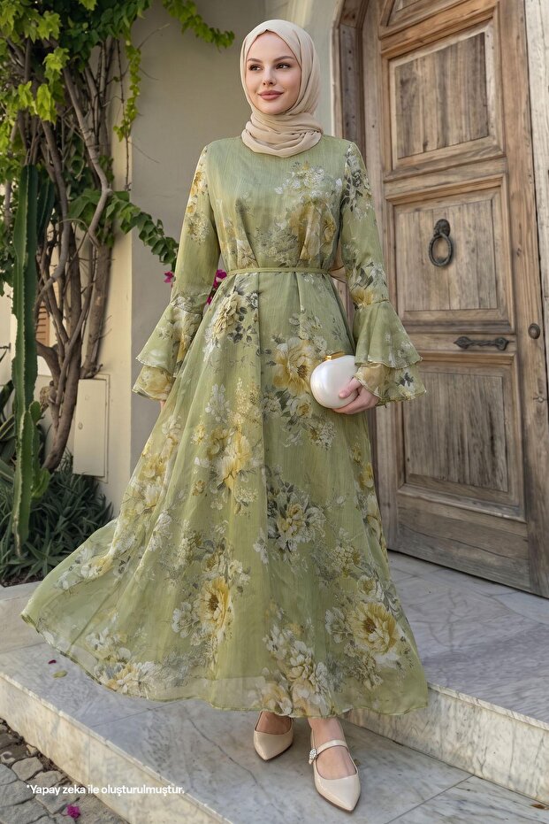 Spanish Sleeve Floral Patterned Khaki Dress