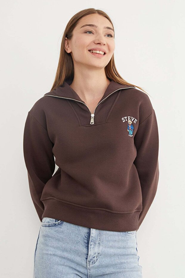 3 Thread Teddy Bear Embroidered Half-Zip Sweatshirt