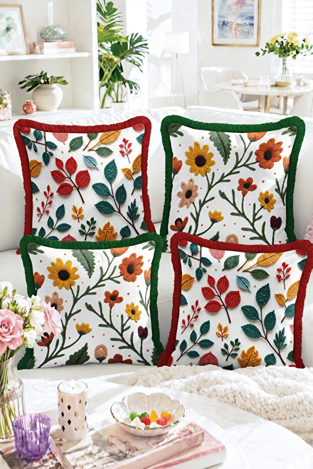 Colorful Flower and Leaf Embroidery-Looking Patterned 4-Piece Fringed Throw Pillow Cover Set