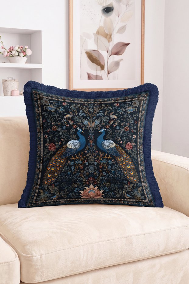 Navy Blue Fringed Throw Pillow Cover with Double Peacocks and Floral Pattern - Vintage Decorative Pillowcase