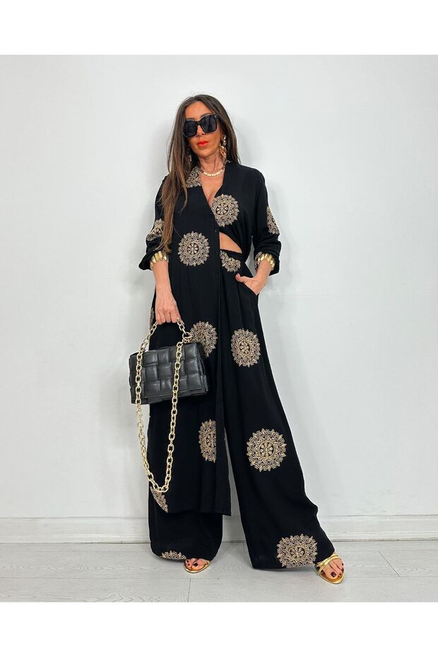 Glow Embroidered Kimono Set Long Maxi Length Shirt and Pants Set