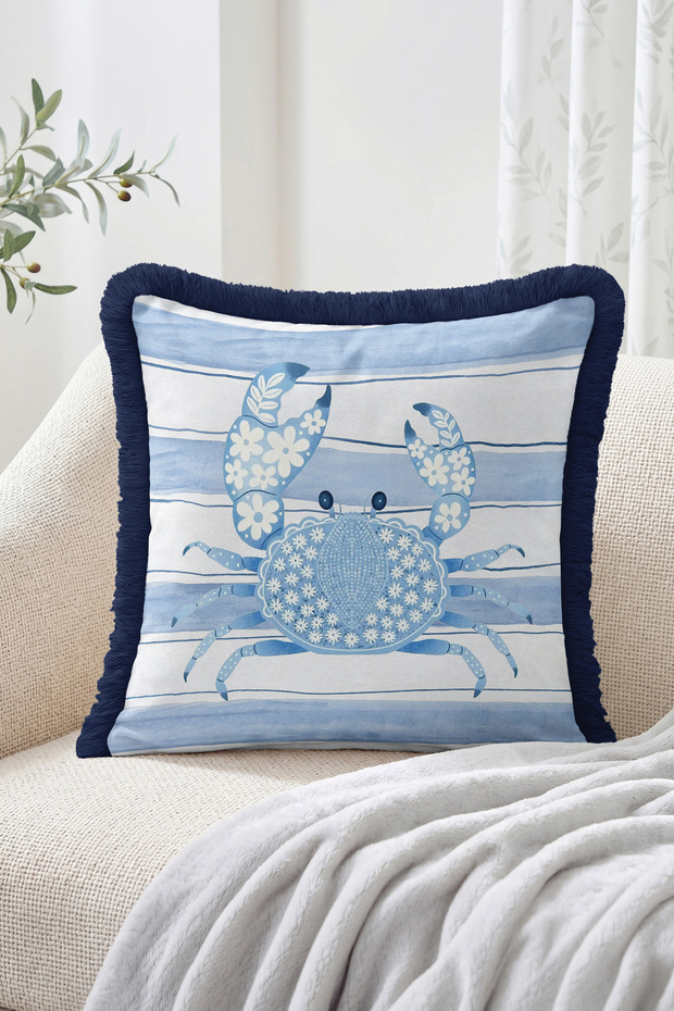 Floral Patterned Crab Figured Striped Marine Themed Fringed Throw Pillow Cover - Modern Decorative Pillow Cover