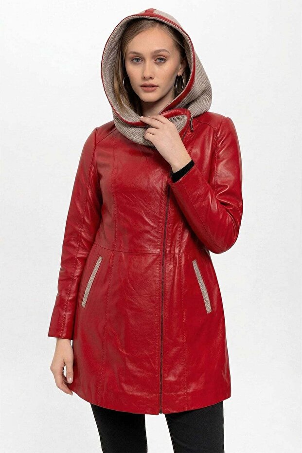 Red Julia Knitwear Hooded Genuine Women's Leather Coat