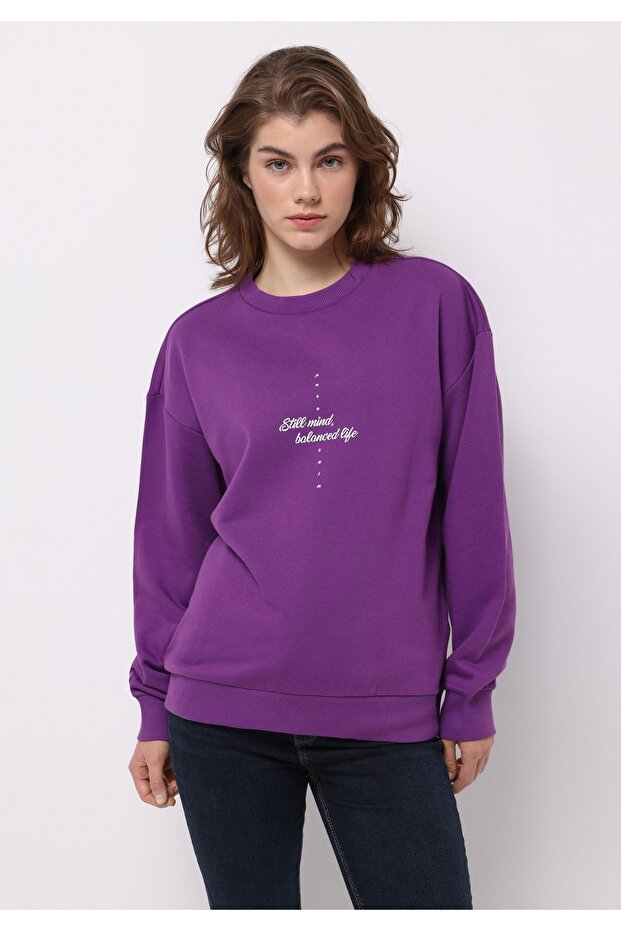 Regular Fit Round Neck Printed Women's Purple Sweatshirt