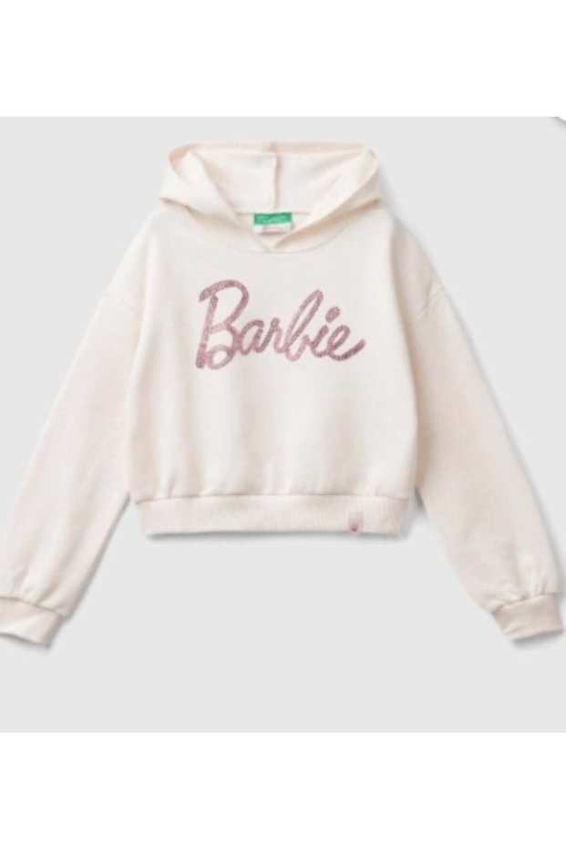Benetton girl's barbie print embellished crop sweatshirt, ages 6-14, ecru