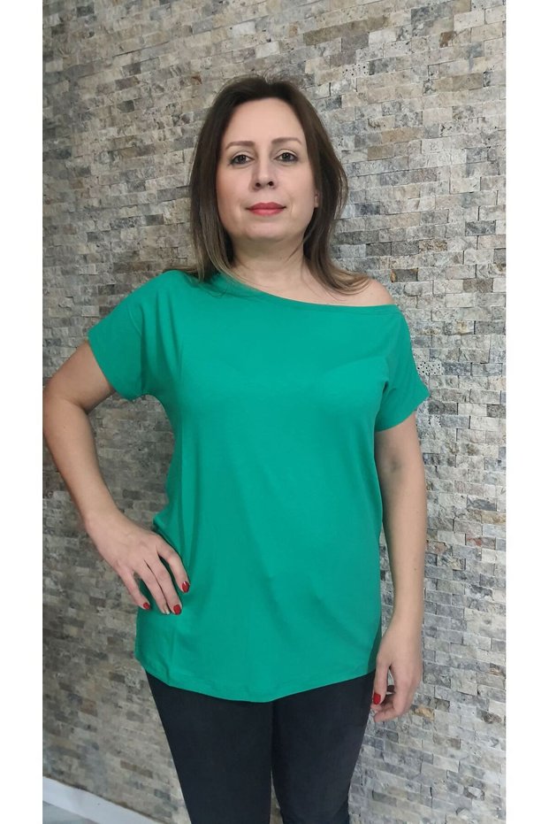Single Shoulder Low-cut Boat Neck Viscose Mercerized Fabric Green T-shirt