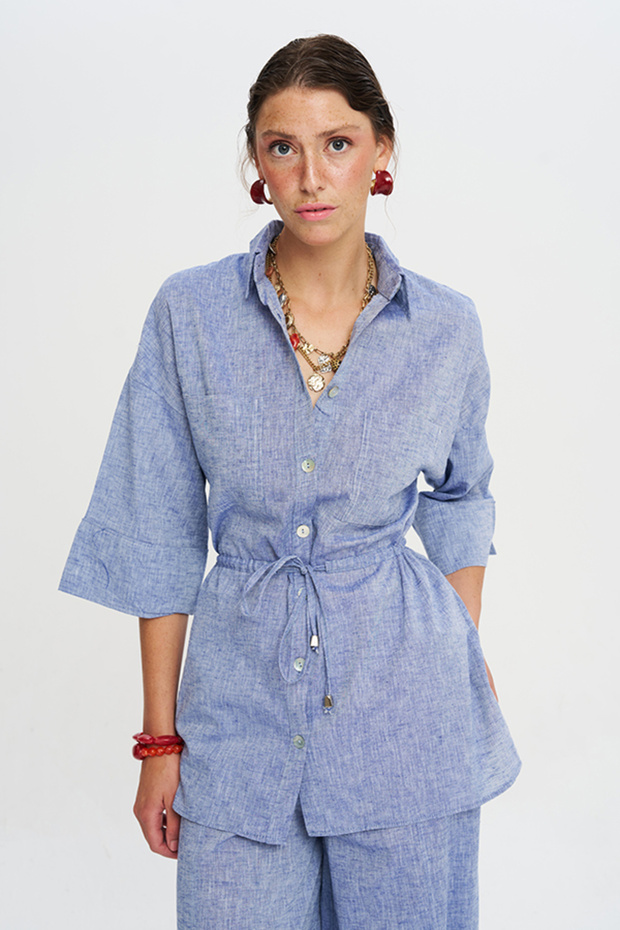 Blue Shirt Collar Waist Gathered Lace-Up Linen Tunic Shirt