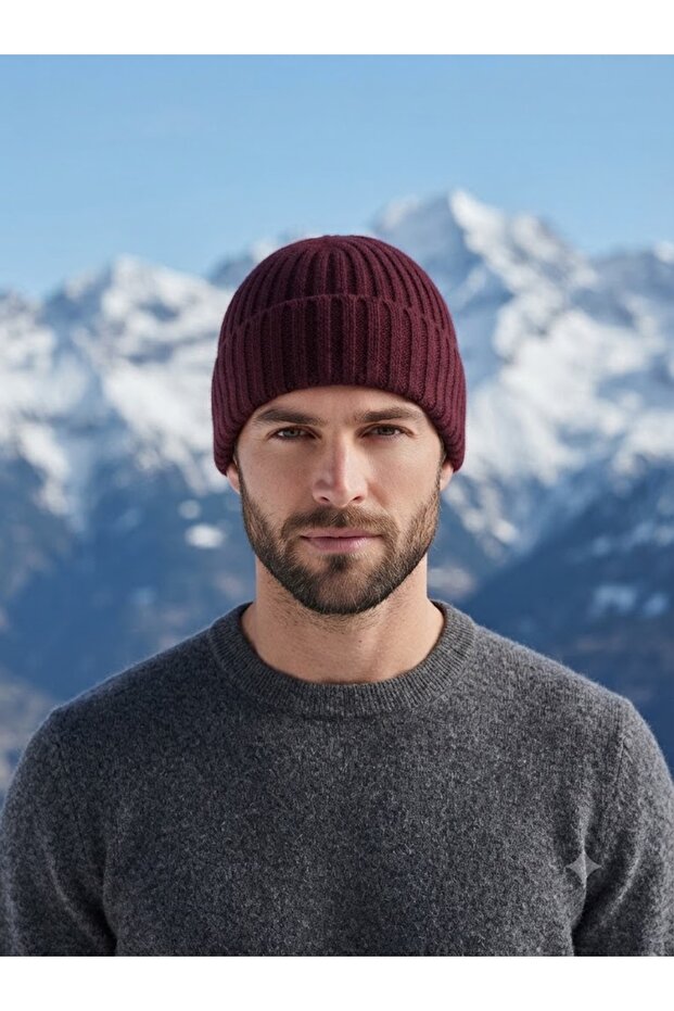 Unisex Sarrow Beret Fo 2569 Bordo Premium - Flexible Ribbed Knitted, Folded Winter Hat (Made in Turkey)
