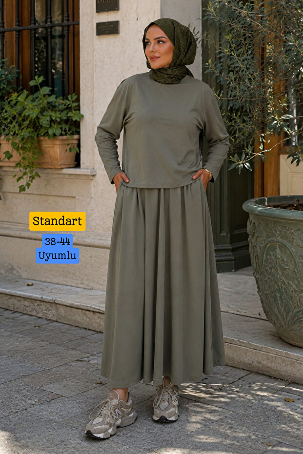 Women's Modal Fabric Comfortable Fit Elastic Waist Skirted Hijab Suit 1221 Khaki - Premium Series