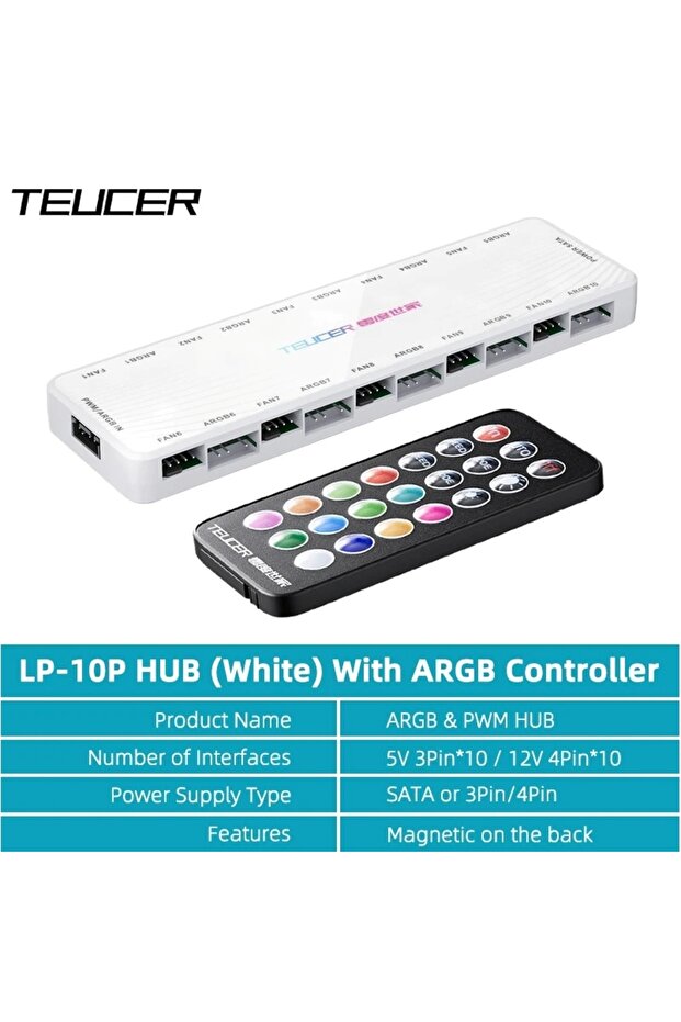 LP-10-CR-WH TEUCER LP-10 ARGB/PWM HUB مع وحدة تحكم ARGB محول 2 في 1 لمحور المروحة