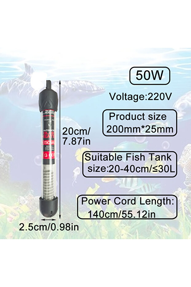 50W Aquarium Submersible Heater Fish Tank Water Heating Rod Constant Thermostat Temperature Control