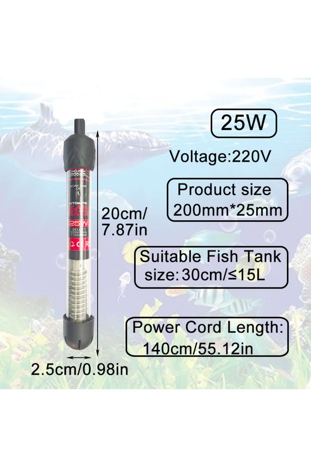 25W Aquarium Submersible Heater Fish Tank Water Heating Rod Constant Thermostat Temperature Control