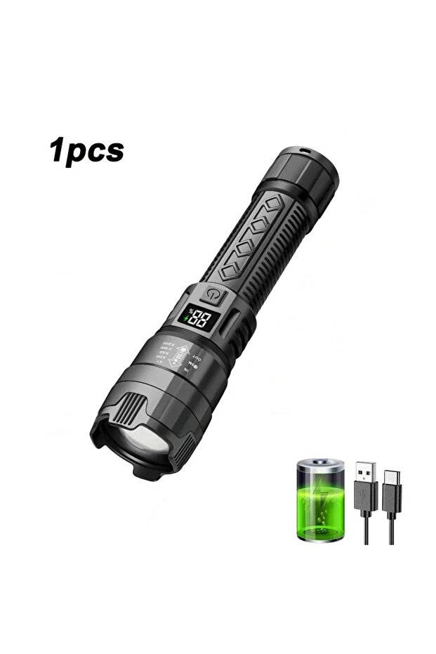 مصباح يدوي ZOOM بقوة 2000 لومن، مصباح LED عالي القوة، شحن USB، كشاف تكتيكي مع شاشة عرض