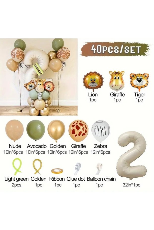 NUMBER 32inch 32naiyoulizhu-2 40 Pieces New Jungle Retro Animal Balloons for Kids Birthday Number 12