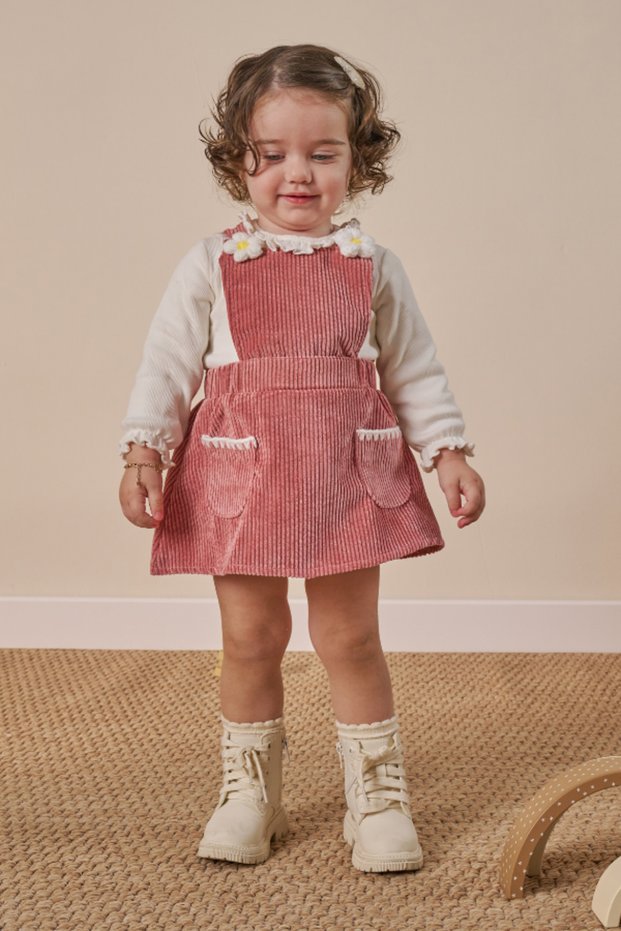 Girl's Daisy Detailed Salopet and Bodysuit Set Powder