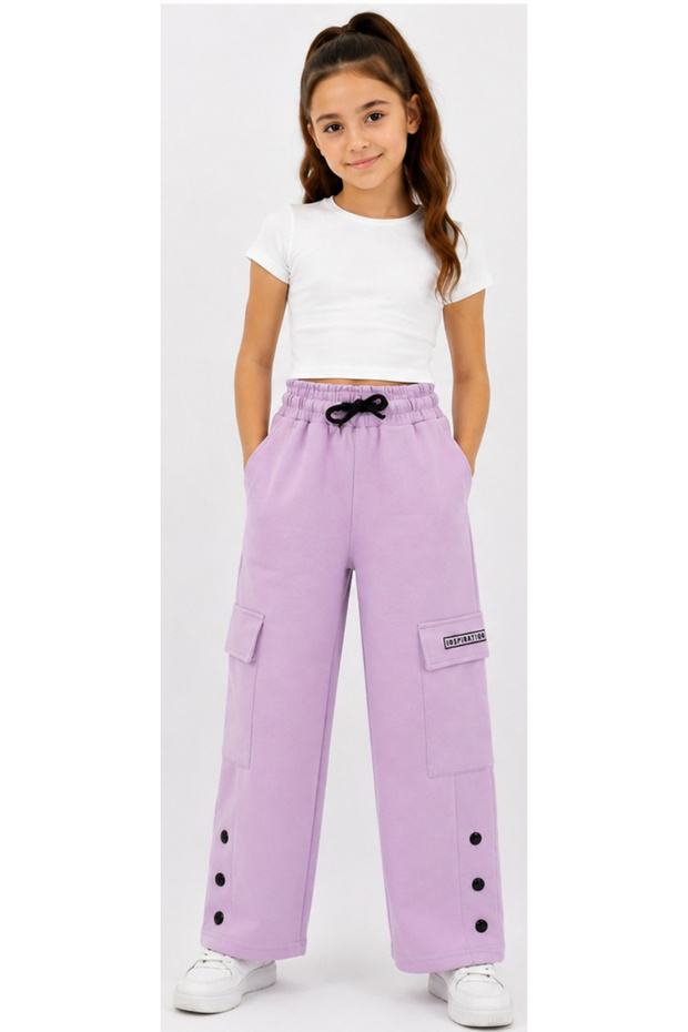 Girl's Snap Button Detailed Double Cargo Pocket Pack Wide Leg Model Lilac Color Sweatpants