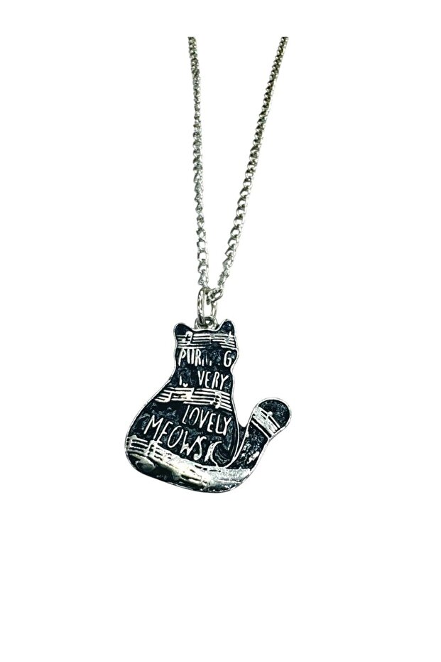 Black Musical Note Figured Cat Necklace – Music Themed Metal Jewelry – 60 cm Chain – Unisex