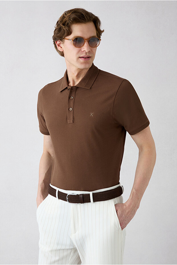 Non-Curling Polo Collar Slim Fit Slim-Fit Cotton T-Shirt with Ribbed Detail