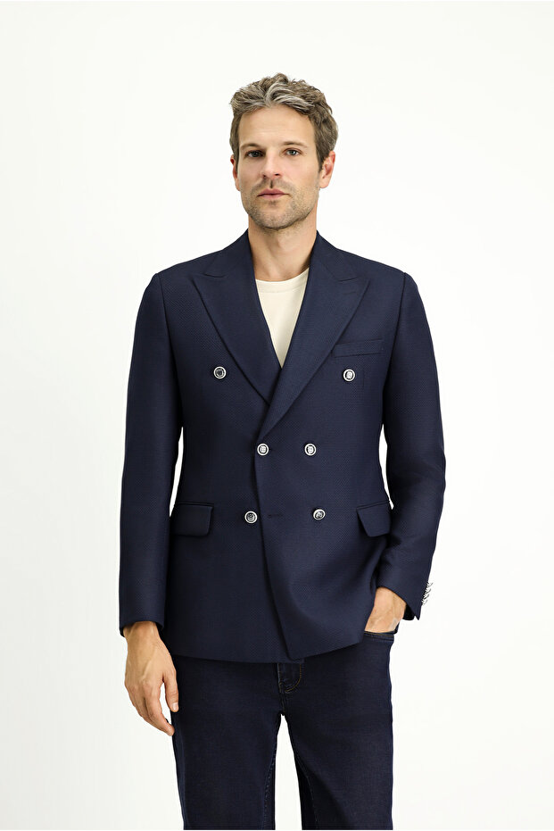 7 Drop Slim Fit Patterned Double-Breasted Jacket