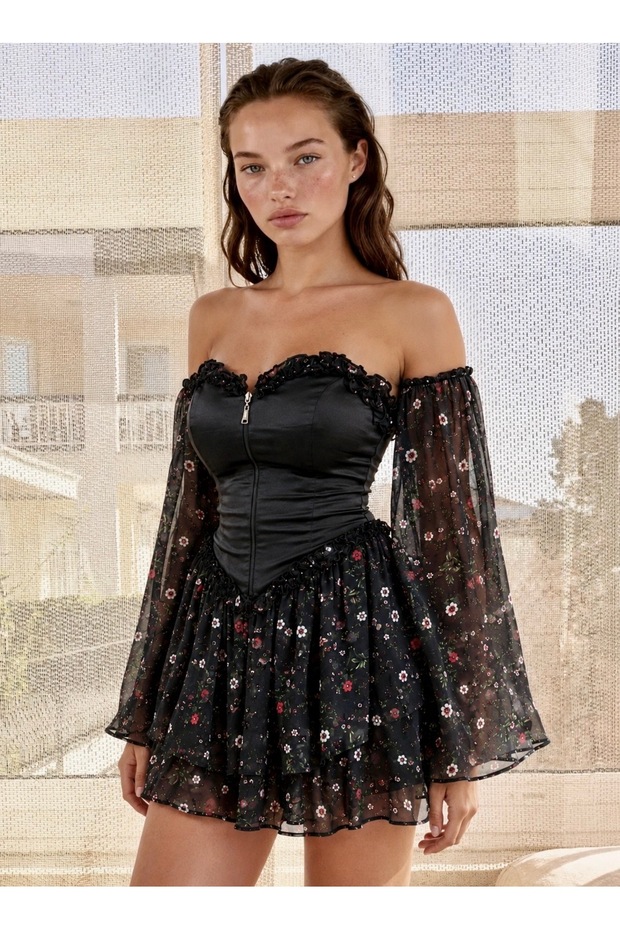 Flower-Patterned Mini Dress with Corset Detail