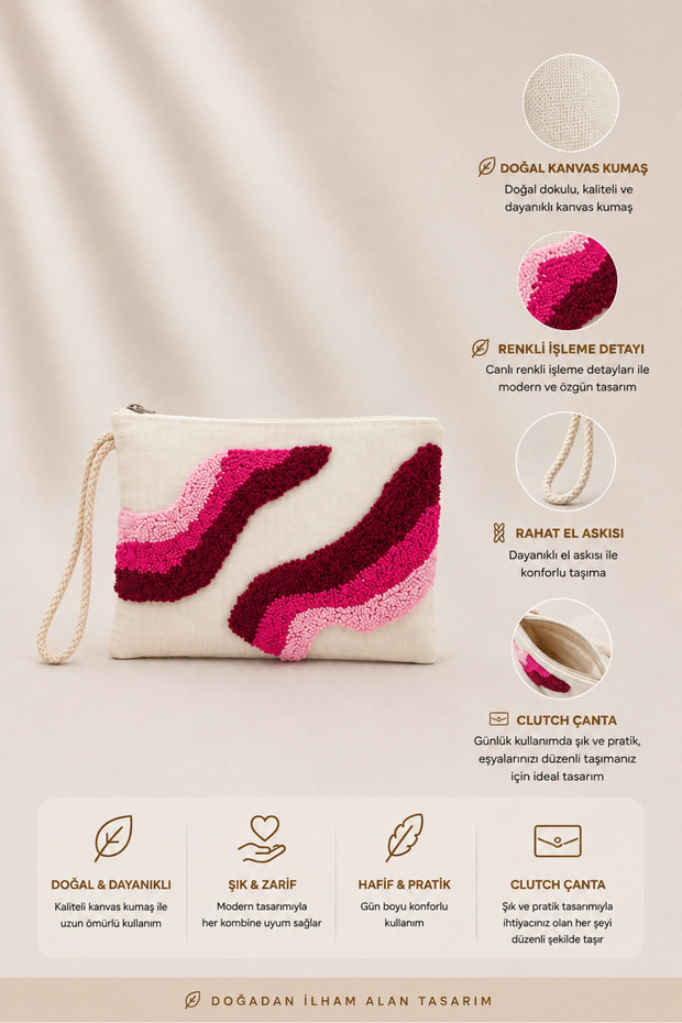 Pembe İşlemeli Clutch Çanta
