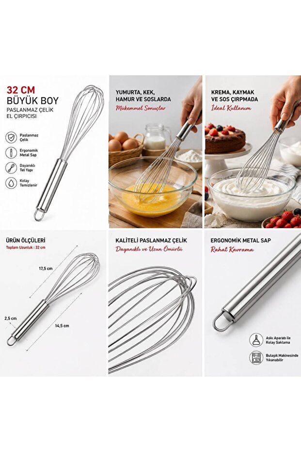 Large Size Stainless Steel Hand Whisk - Metal Handle Whisk for Eggs, Cakes, Sauces, and Dough