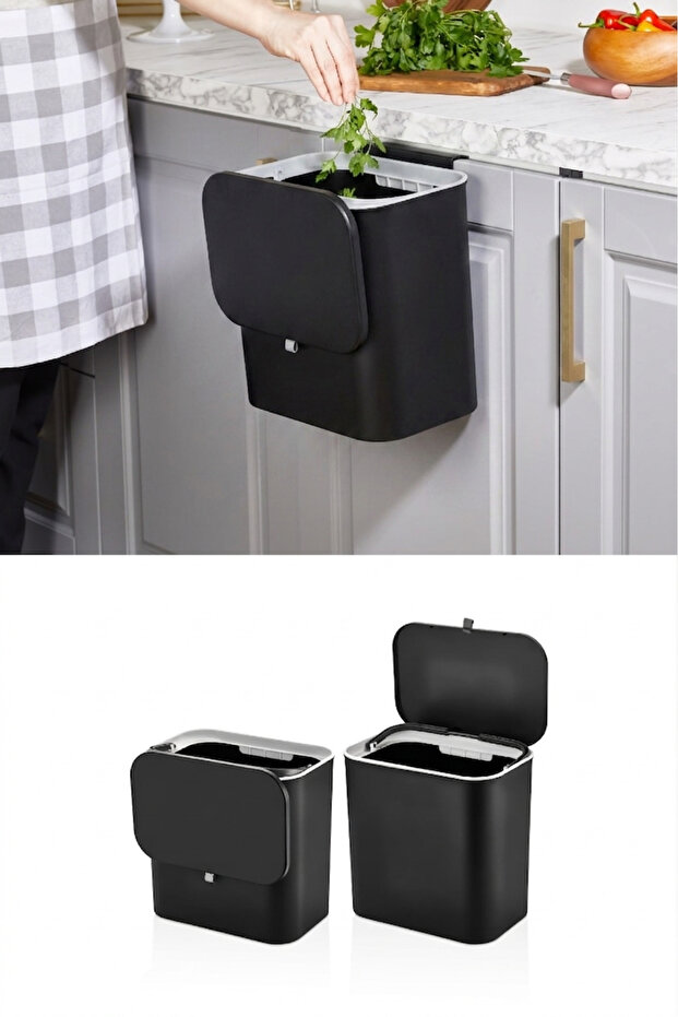 15 Liter Functional Trash Can with Lid for Bathroom and Kitchen Countertop, Black with Cabinet and Wall Mounting Bracket