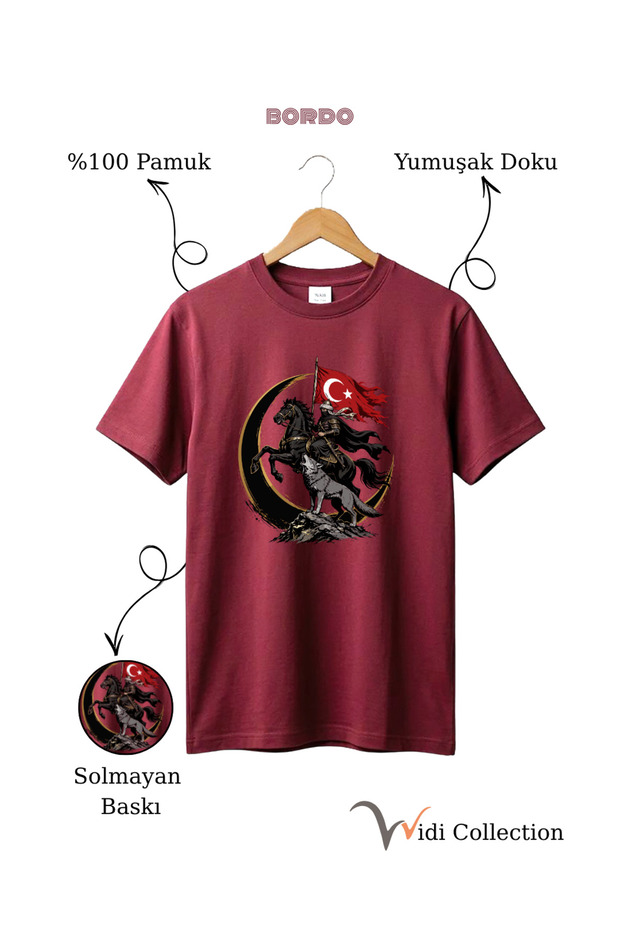 100% Cotton Regular Fit Unisex T-Shirt with Turkish Flag, Horse Warrior, Bozkurt and Wolf Figures