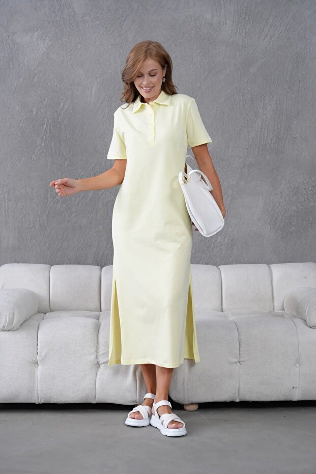 Polo Collar Short Sleeve Slit Relaxed Jersey Dress