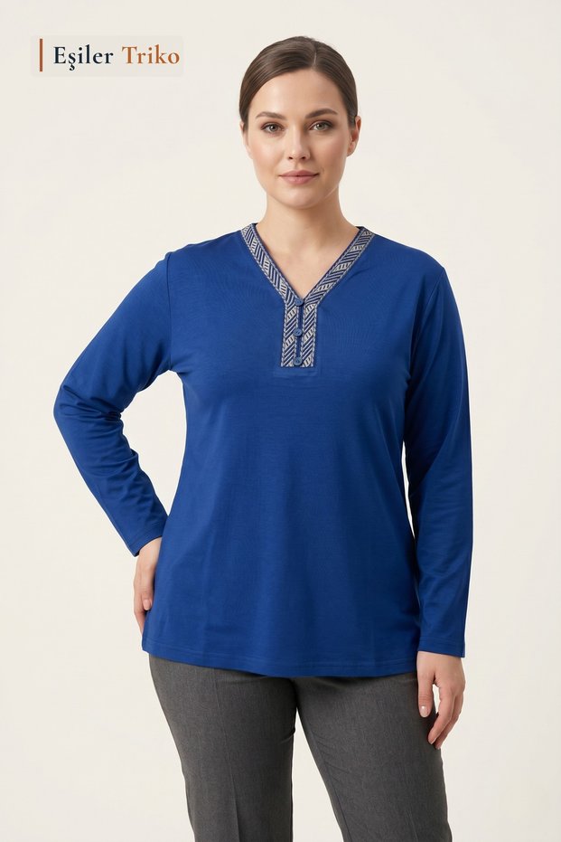 Women's Parliament Motif Pattern V-Neck 3 Button Mother Combed Cotton