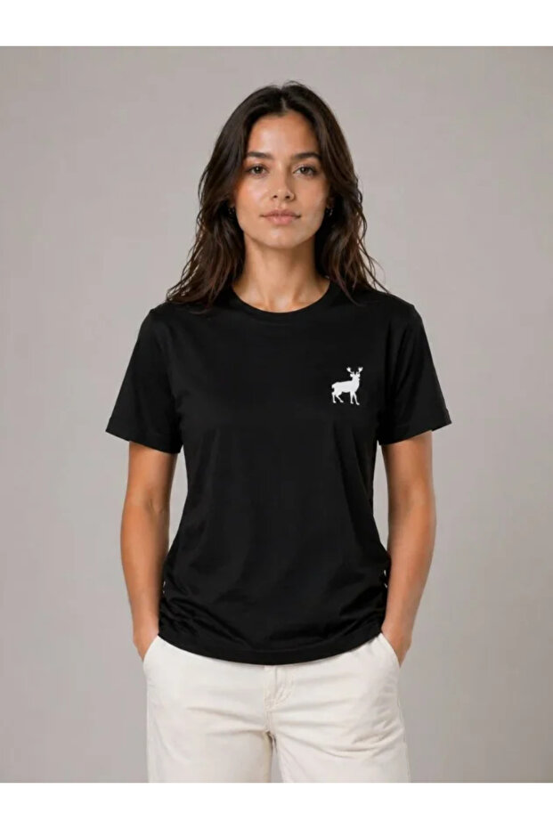 Minimal Moose Logo T-Shirt Crew Neck Short Sleeve Summer T-Shirt - Black