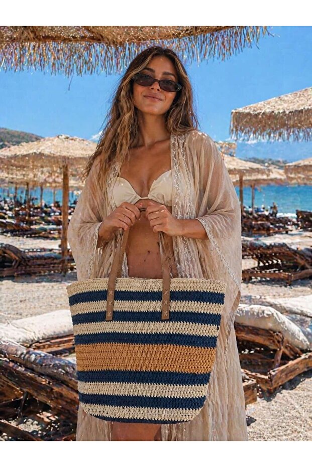 Navy Blue Leather Handle Striped Straw Women's Bag 45X35 cm