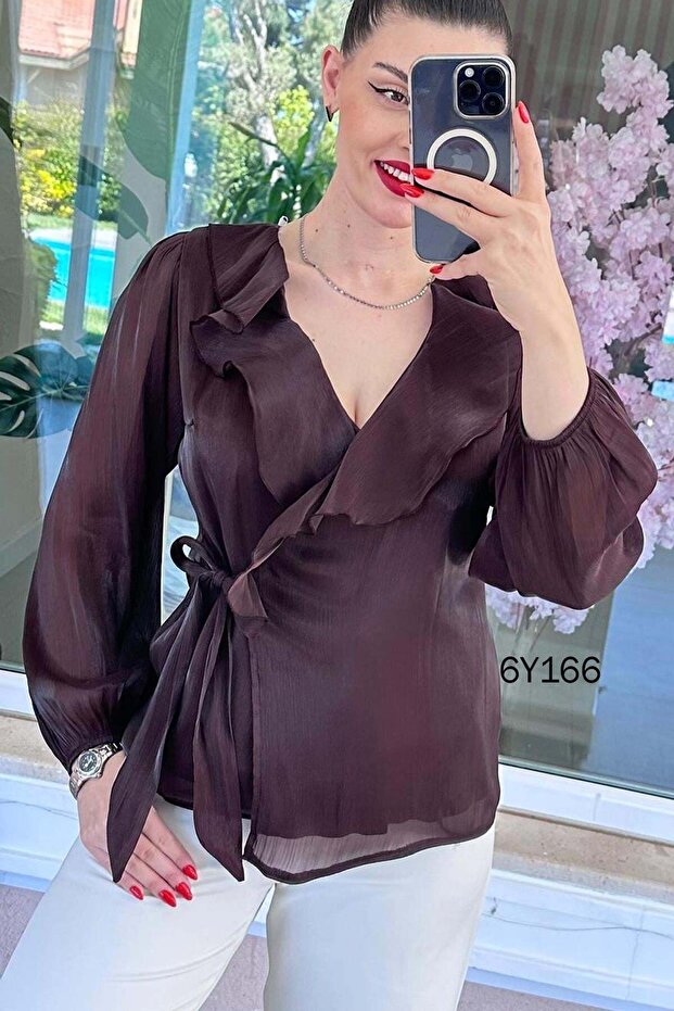 Double-Breasted Collar Flounce Organza Blouse 6Y166