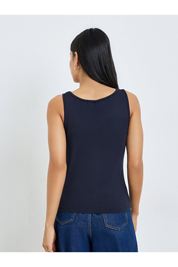 Blue Solid Round Neck Cami Top - 5