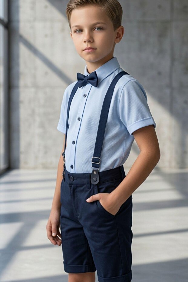 Boy's Two-Piece Set with Straps, Bow Tie, Short Sleeves, and Shorts