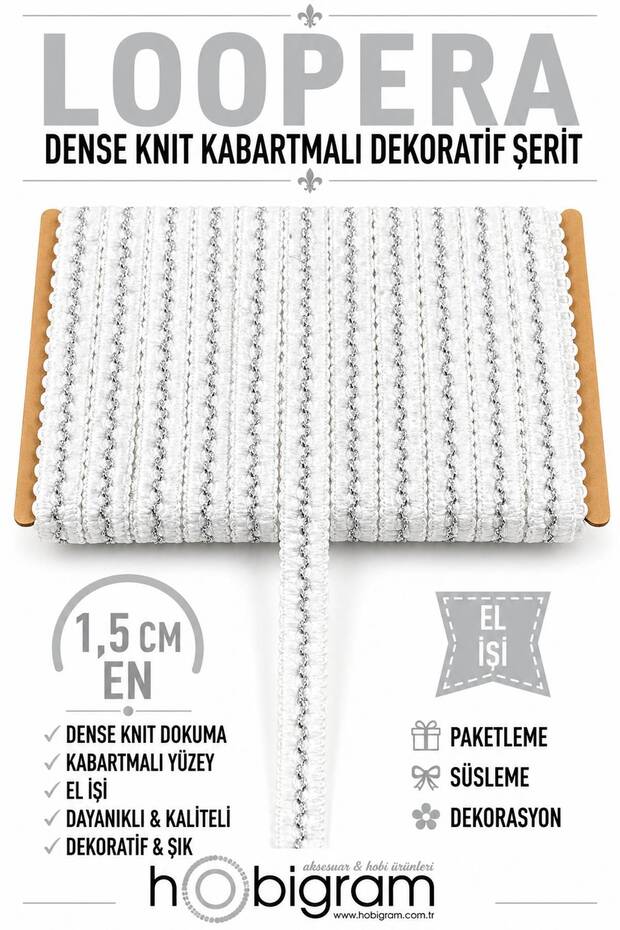 White Dense Silver Loopera Dense Knit Embossed Decorative Ribbon – Premium Handcrafted Ornament 5 Meters