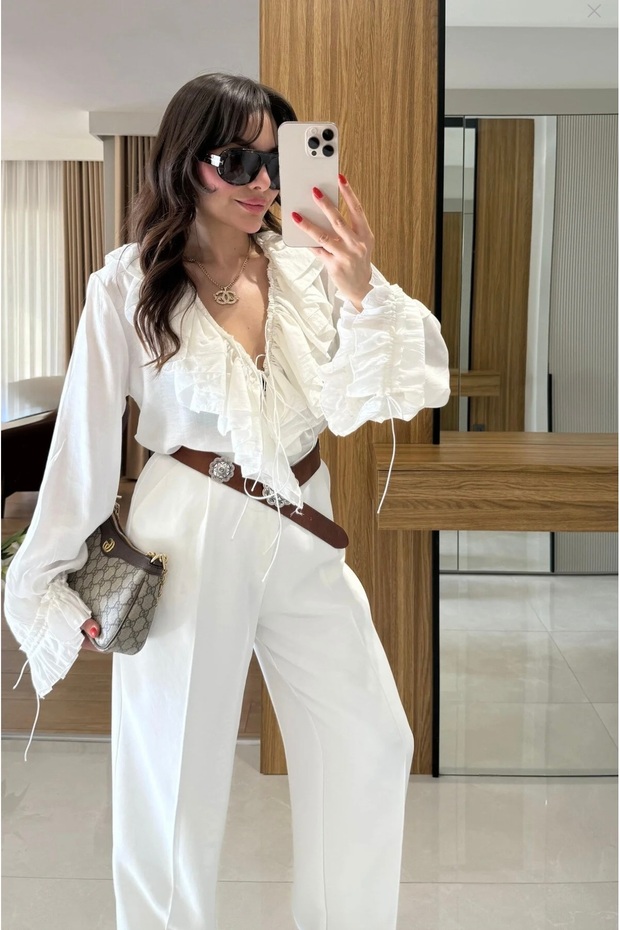 Ruffle Detailed Lace-Up Design Long Sleeve Shirt