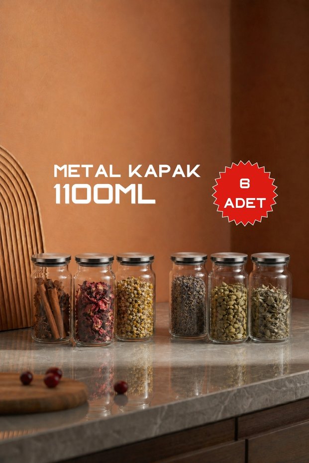 Glass Jar with Metal Lid 1100 ml (6 Pieces) – Storage Jar Set with Lid, Spice Jar/Dry Food Jar 19X10 cm