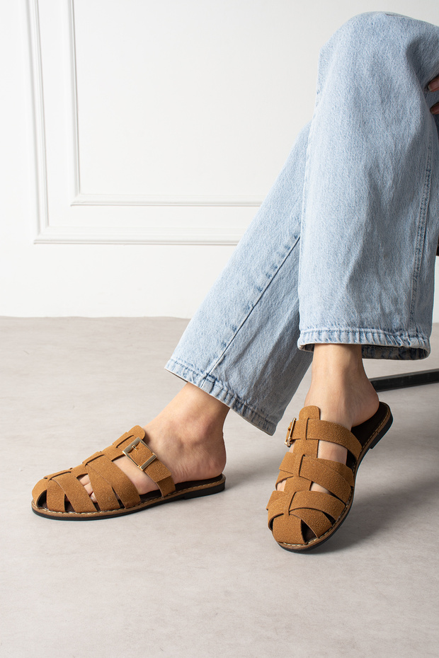 Yewa Women's Slippers with Cross Straps and Gold Buckle Suede