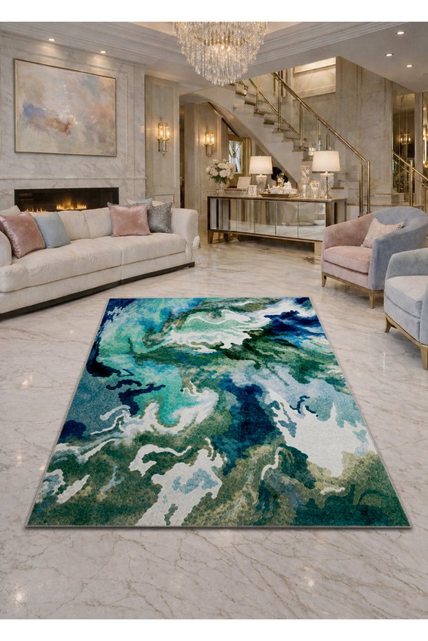 Sdt Blue Cloud Patterned Modern Woven Base Decorative Carpet Sdt939