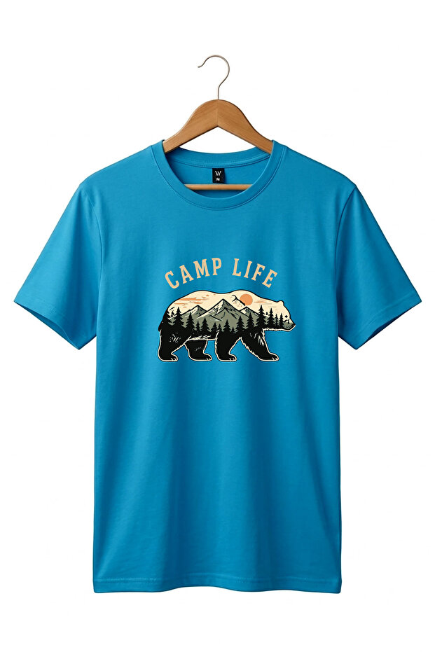 Unisex Camp Life Premium Basic T-Shirt for Nature Enthusiasts with Bear Figure and Mountain View
