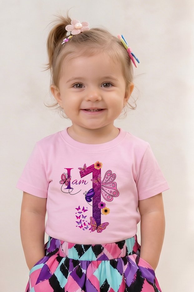 Birthday Girl, 1st Year Butterfly Birthday Graphic Print T-Shirt