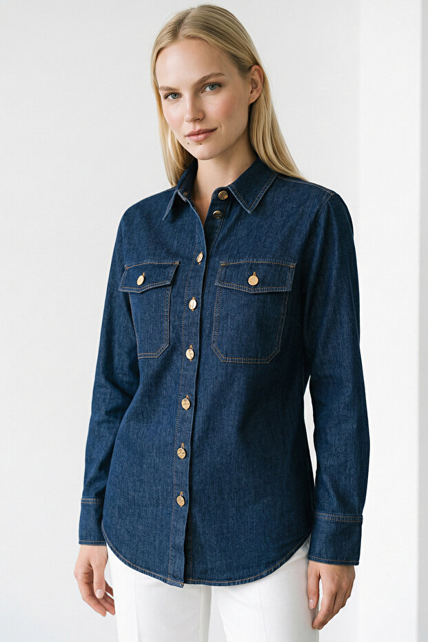 Shirt Collar Long Sleeve Snap Fastener Regular Denim Shirt