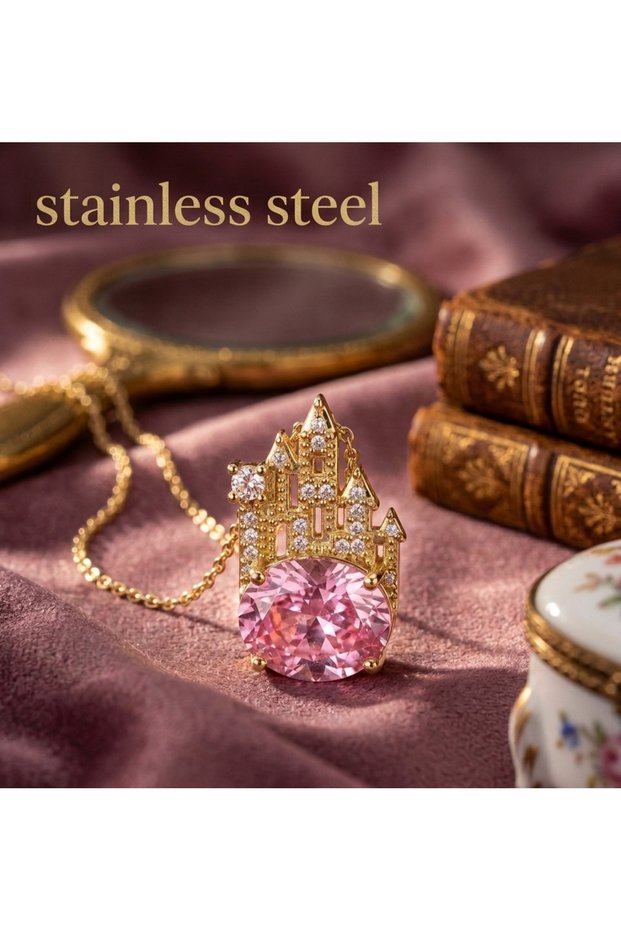 Large Pink Stone Palace Model Tarnish-Resistant Steel Necklace with Gold Color Chain