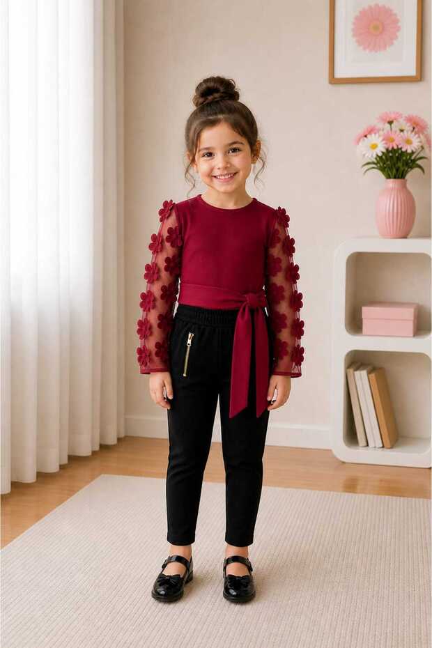 Girl's Blouse with Floral Detail on the Sleeves - Trouser Set (with Belt Gift) 3 Piece Set - Seasonal