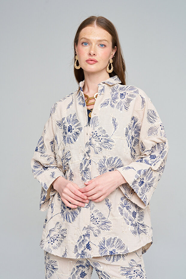 Women's Large Floral Embroidered Sequin Embroidered Oversized Shirt