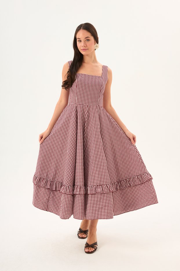 Burgundy Gingham Square Neck Midi Dress with Ruffle Detail at the Hem